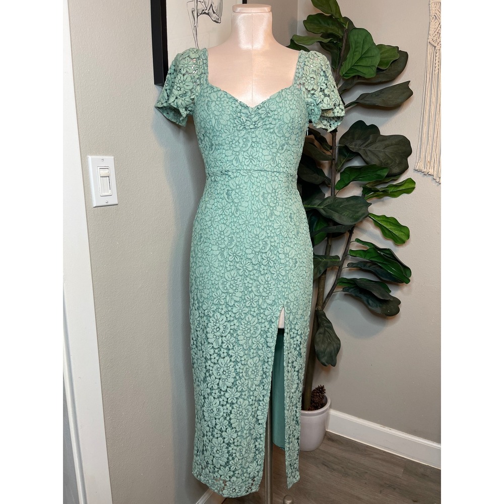 Zara Lace Midi Dress Mint Sage Green Sweetheart Flutter Sleeve Slit XS